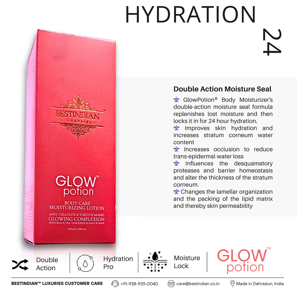GlowPotion™ Body Lotion by BestIndian™, a double-action moisture seal body moisturizer that locks in hydration for 24 hours, improves skin barrier function, and delivers visibly plumper, healthier skin.