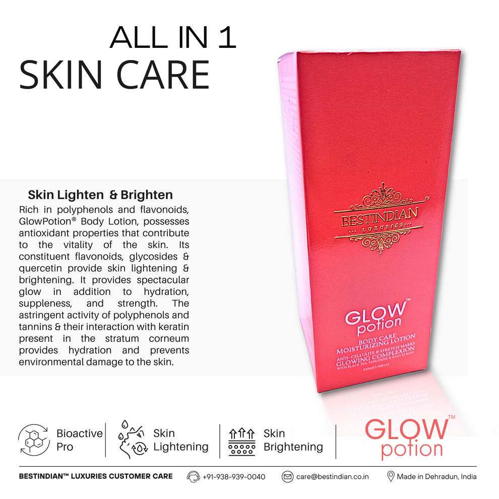 GlowPotion™ Body Lotion by BestIndian™, an all-in-one natural and ayurvedic body moisturizer rich in polyphenols, flavonoids, and quercetin for skin lightening, brightening, hydration, and protection against environmental damage.