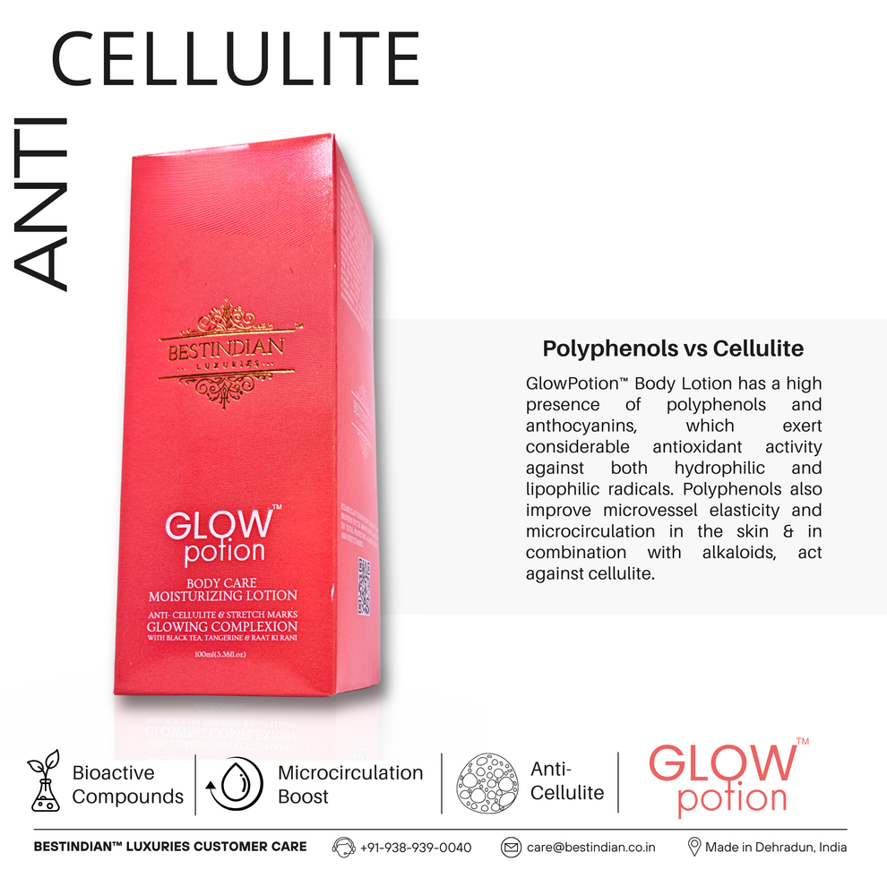 GlowPotion™ Body Lotion by BestIndian™, ayurvedic body moisturizer with polyphenols and anthocyanins, microcirculation boost, and antioxidant activity to reduce cellulite and improve skin tone.