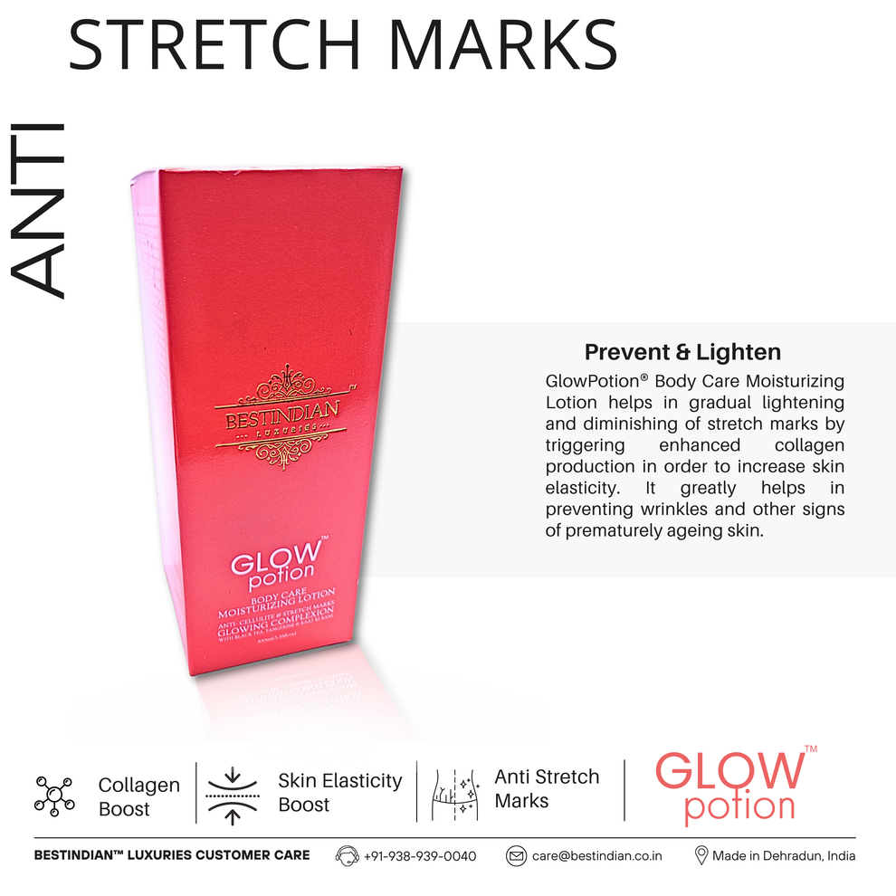 GlowPotion™ Body Lotion by BestIndian™, skin brightening, collagen-boosting formula for preventing and lightening stretch marks, enhancing elasticity, and targeting premature aging.