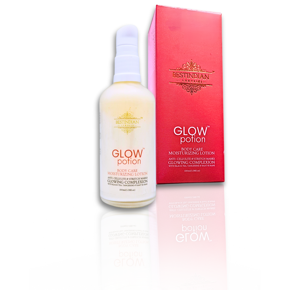GlowPotion™ Body Care Moisturizing Lotion bottle and box by BestIndian™, a luxury ayurvedic body moisturizer for anti-cellulite, stretch marks, and glowing complexion with black tea, tangerine, and raat ki rani botanicals.