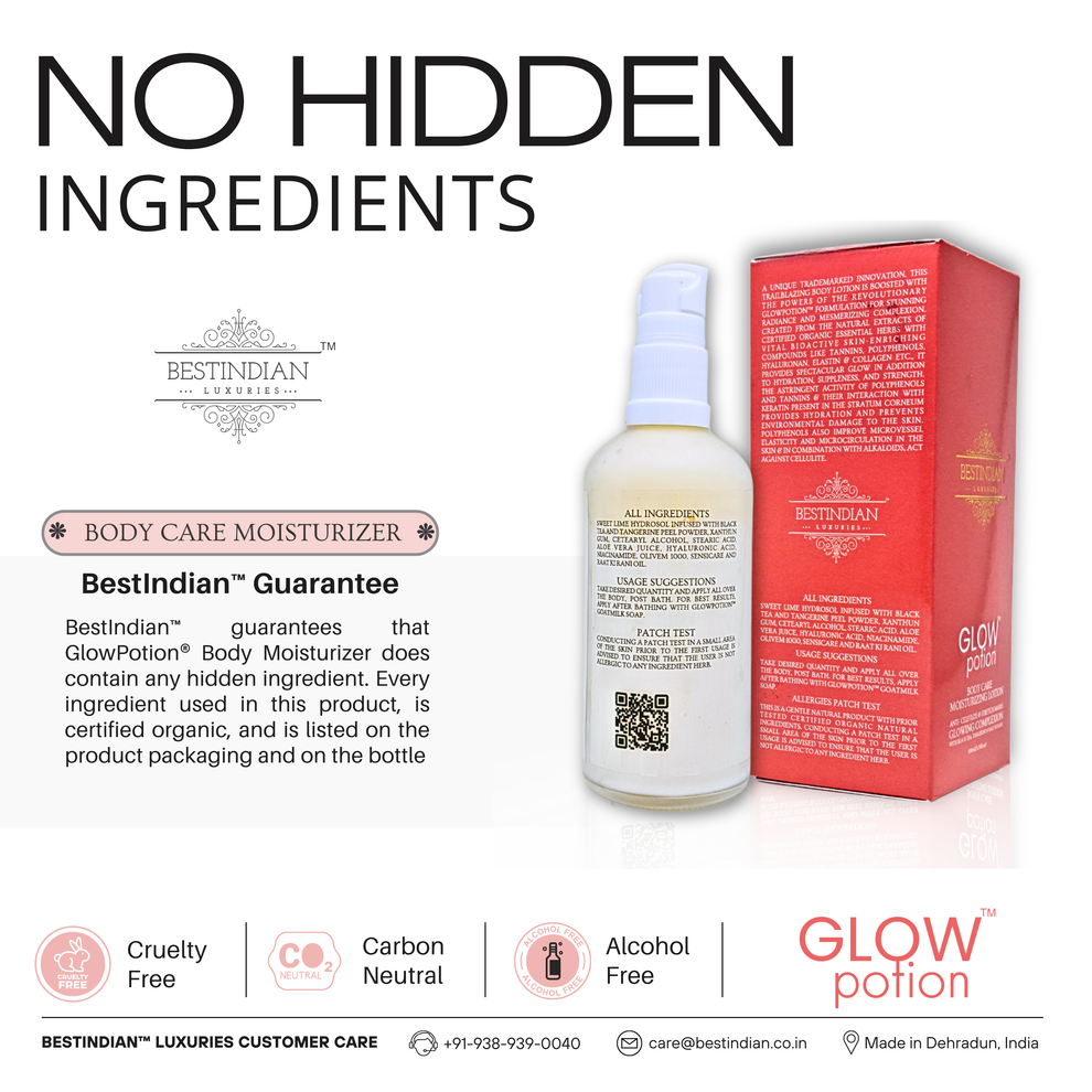 GlowPotion™ Body Lotion by BestIndian™, engineered at BestIndian™ Advanced Science Lab for butter-smooth skin, radiant glow, and total protection from cellulite, stretch marks, and pollution.