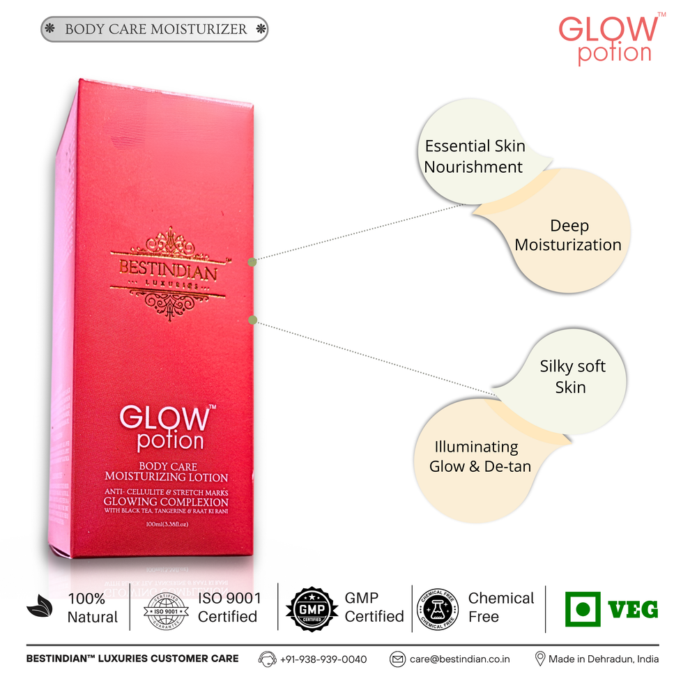 BestIndian GlowPotion™ Body Lotion box, an ayurvedic, luxurious body care with essential botanical extracts, offering deep moisturization, illuminating glow, de-tan, and silky soft, firm skin.