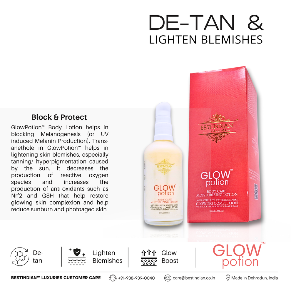 GlowPotion™ Body Lotion by BestIndian™, a skin brightening and de-tan moisturizer clinically formulated to block melanin production, lighten blemishes, and protect against sun damage.