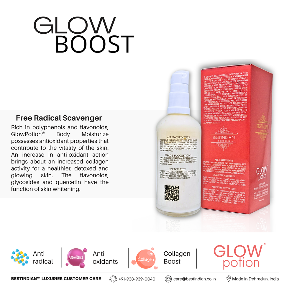 GlowPotion™ Body Lotion by BestIndian™, antioxidant-rich body moisturizer featuring polyphenols, flavonoids, and quercetin to boost collagen, detox skin, and provide radiant whitening and smoothing.
