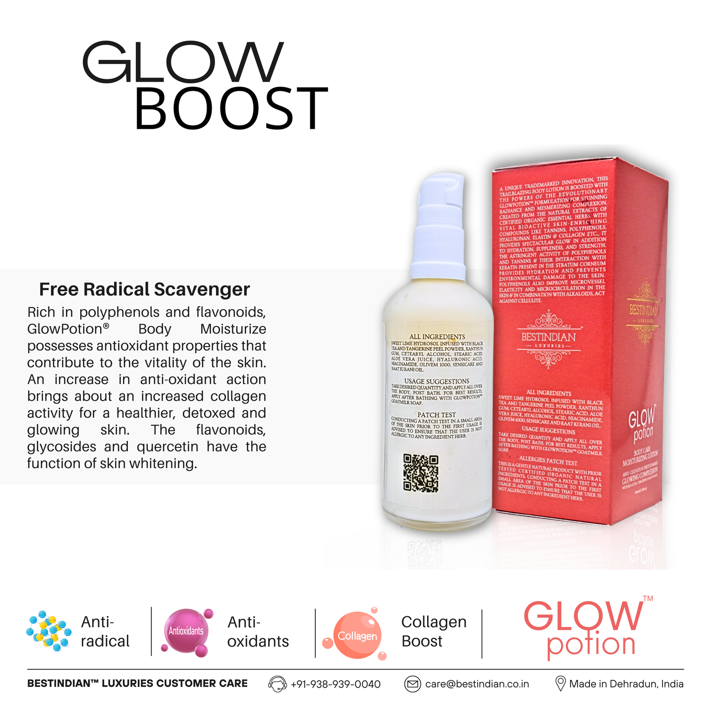 GlowPotion™ Body Lotion by BestIndian™, antioxidant-rich body moisturizer featuring polyphenols, flavonoids, and quercetin to boost collagen, detox skin, and provide radiant whitening and smoothing.
