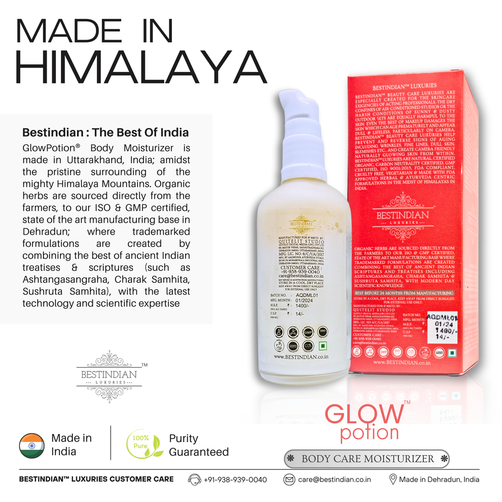 GlowPotion™ Body Lotion by BestIndian™, made in the Himalayan foothills of Uttarakhand, India, using organic herbs and science-backed formulations for pure, luxury body care.