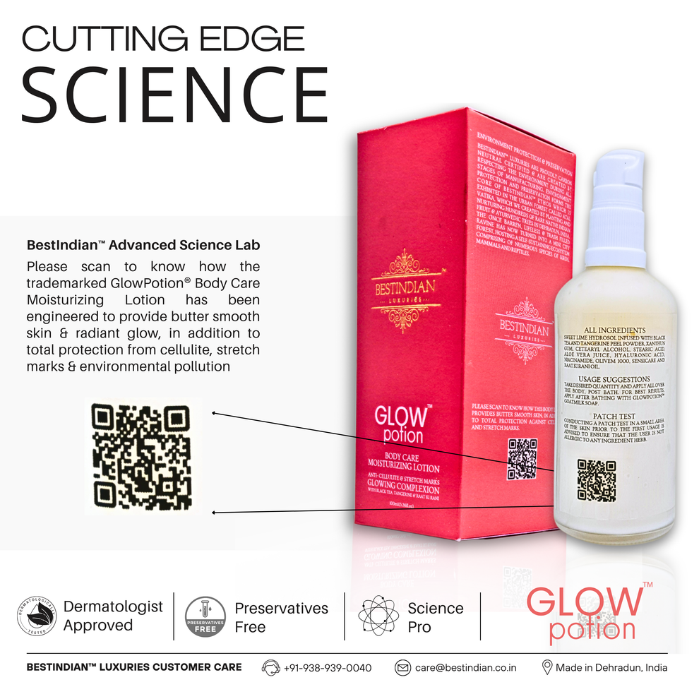 GlowPotion™ Body Lotion by BestIndian™, certified organic, cruelty-free, carbon neutral and alcohol-free, listed with complete ingredient transparency and guaranteed no hidden ingredients.