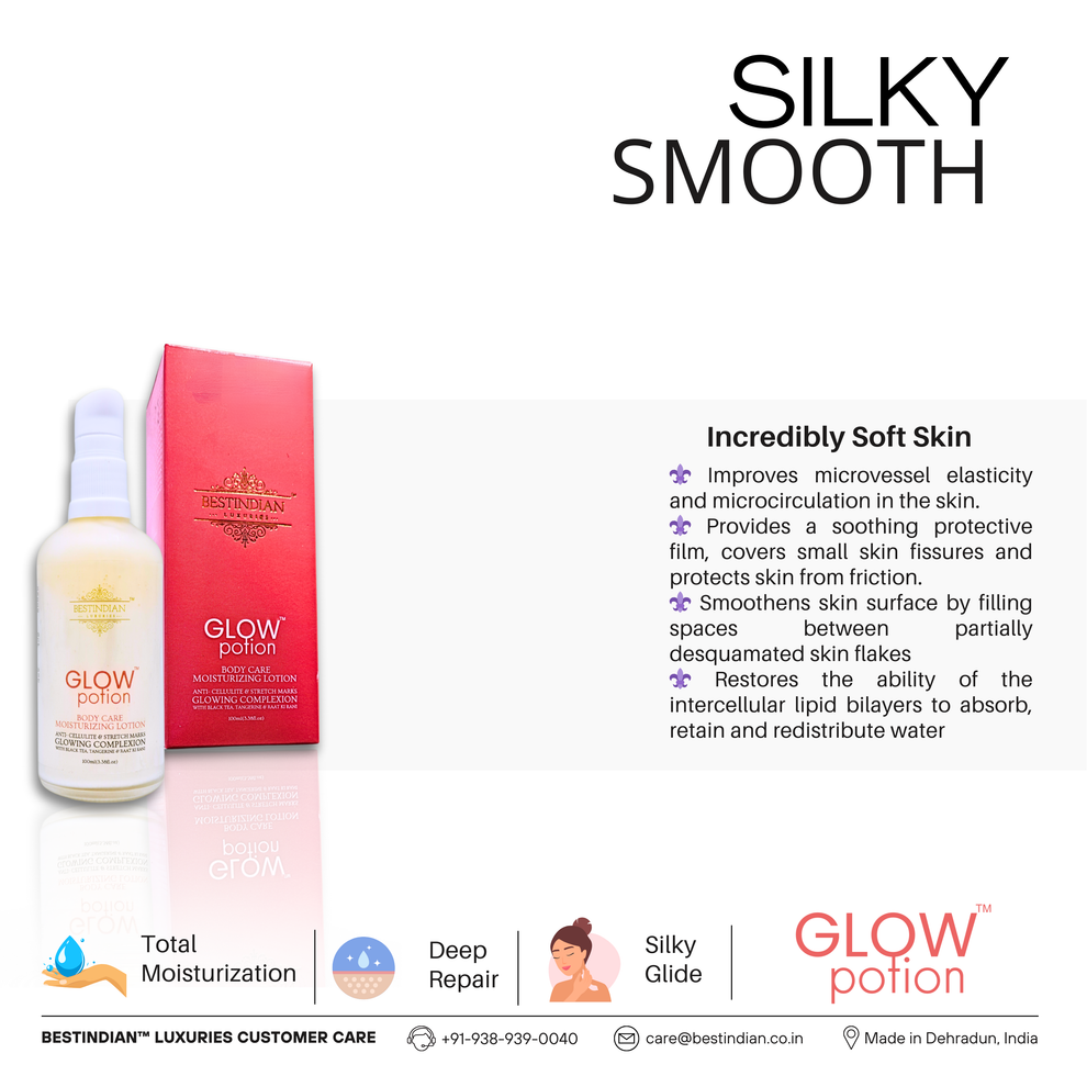 GlowPotion™ Body Lotion by BestIndian™, deep repair and total moisturization formula for silky smooth skin, utilizes microcirculation boost, protective lipid bilayers, and soothing glide technology.