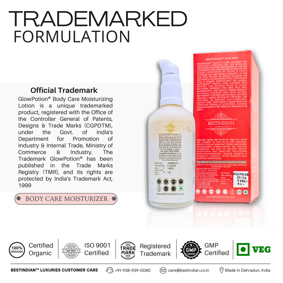 GlowPotion™ Body Lotion by BestIndian™, a unique trademarked ayurvedic body moisturizer, certified organic and GMP certified, blending black tea, tangerine, and raat ki rani for soothing hydration, anti cellulite, and stretch mark care.