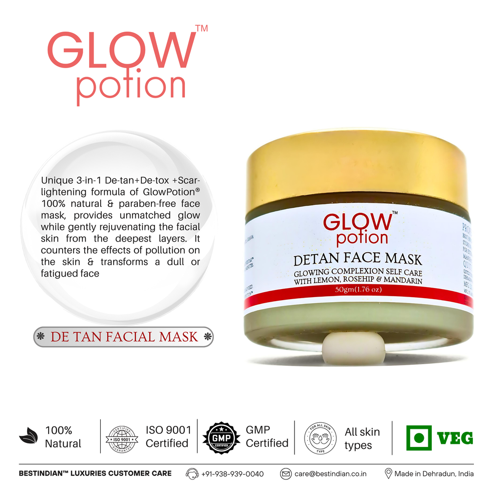 GlowPotion™ De-Tan Face Mask by BestIndian™, unique 3-in-1 formula for de-tan, detox, and scar-lightening, suitable for all skin types, providing gentle rejuvenation and pollution protection.