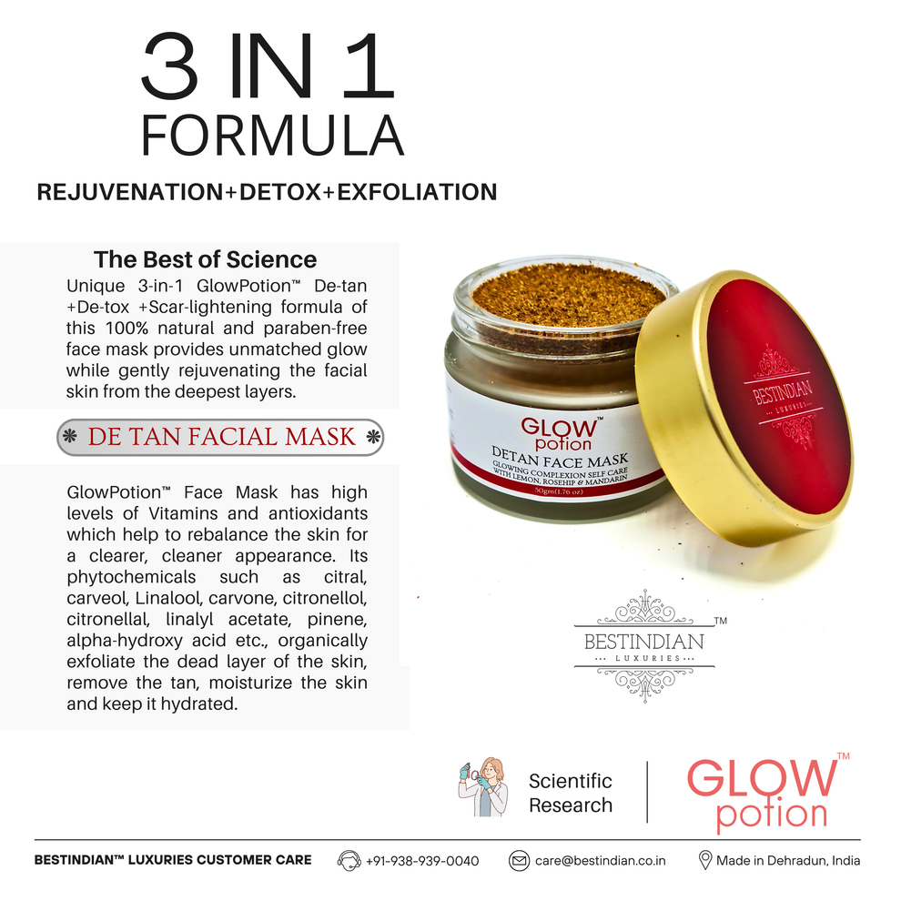 GlowPotion™ De-Tan Face Mask by BestIndian™, a revolutionary 3-in-1 formula for rejuvenation, detox, and exfoliation, featuring ayurvedic herbs and natural powder texture for tan removal and acne scar treatment.