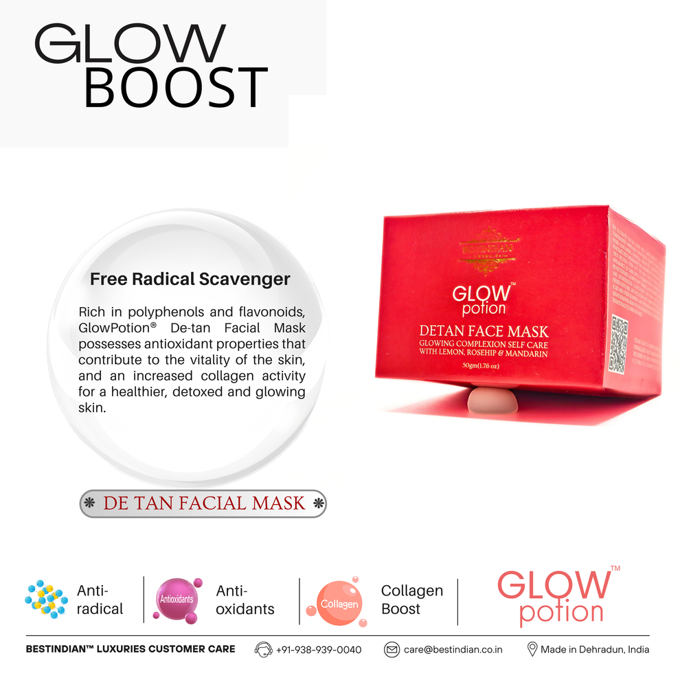 GlowPotion™ De-Tan Face Mask by BestIndian™, a skin brightening, anti-oxidant rich clay mask that boosts collagen and detoxifies, making it the ideal weekly face mask for radiant, healthy skin.