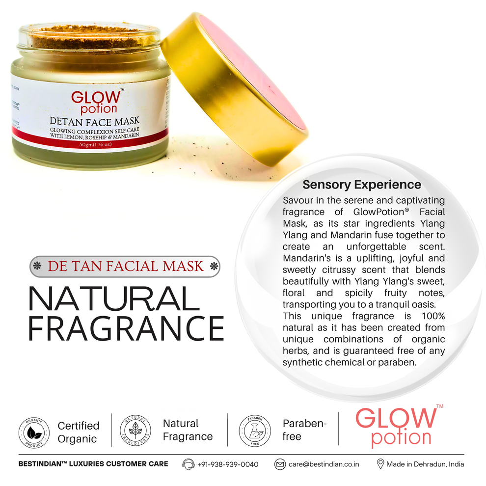 GlowPotion™ De-Tan Face Mask by BestIndian™, a natural, paraben-free face pack featuring organic herbs with ylang ylang and mandarin fragrance for a luxurious at-home spa experience and skin brightening benefits.