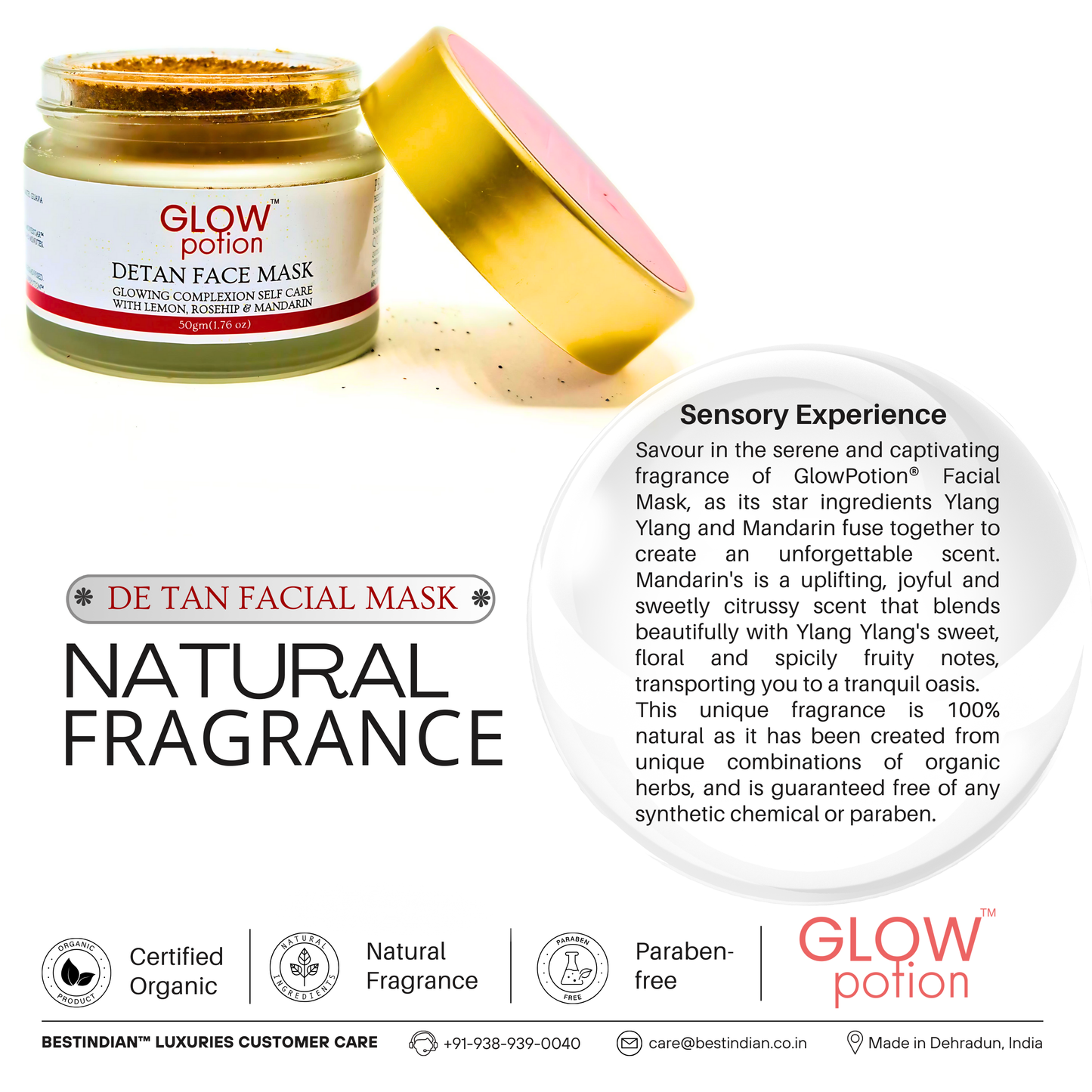 GlowPotion™ De-Tan Face Mask by BestIndian™, a natural, paraben-free face pack featuring organic herbs with ylang ylang and mandarin fragrance for a luxurious at-home spa experience and skin brightening benefits.