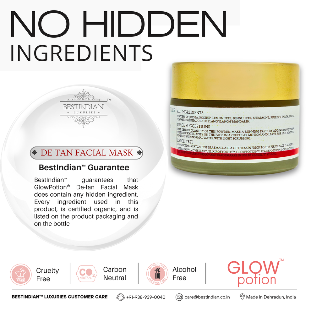GlowPotion™ De-Tan Face Mask by BestIndian™, guarantees no hidden ingredients with complete transparency, cruelty-free, carbon neutral, and alcohol-free organic clay mask for weekly face mask routine and skin tightening.