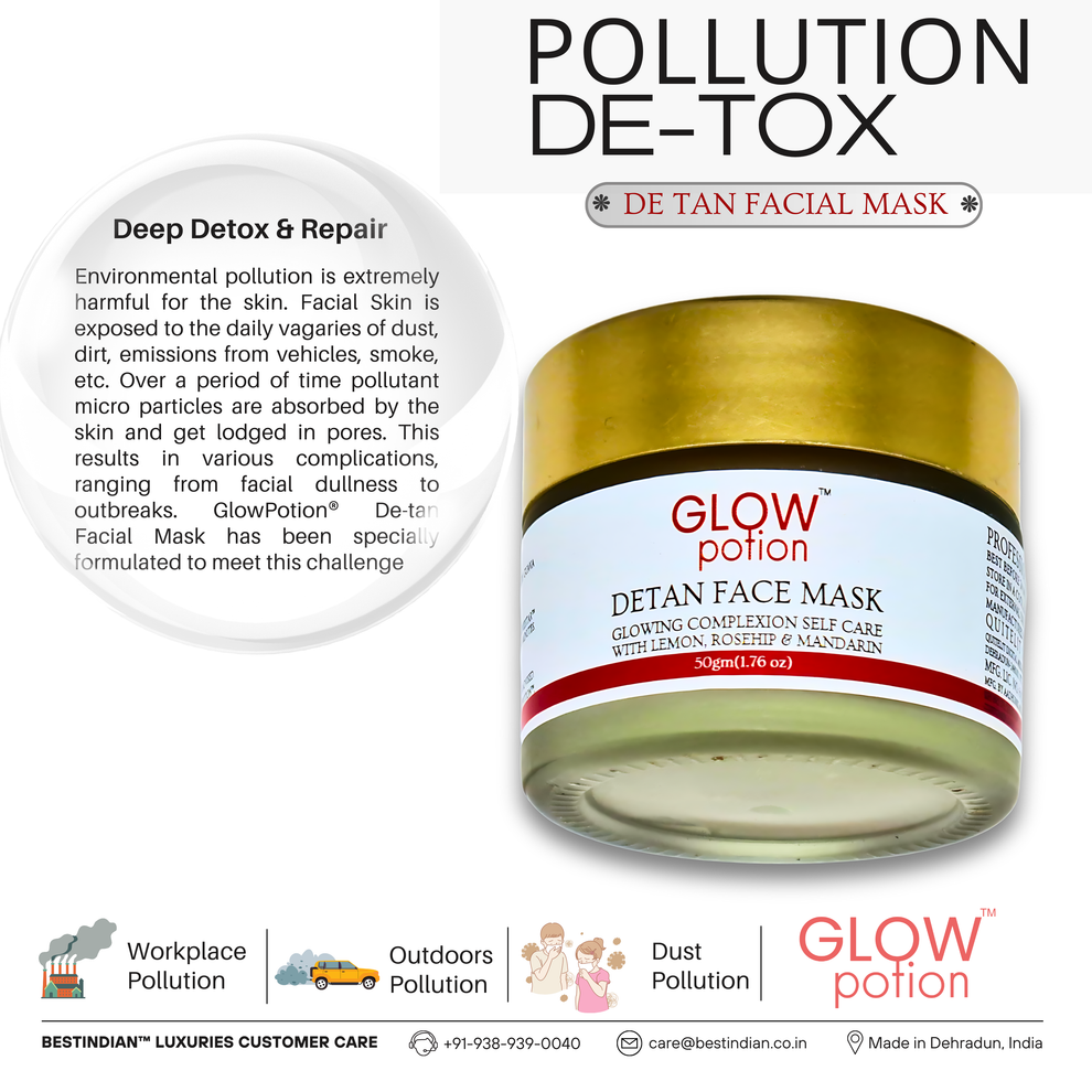 GlowPotion™ De-Tan Face Mask by BestIndian™, an anti-pollution face mask for deep detox and repair, specially formulated to combat workplace pollution, outdoor pollution, and dust pollution for face pack for dull skin.