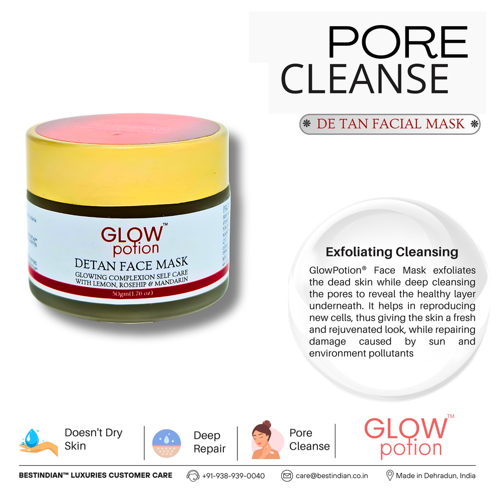 GlowPotion™ De-Tan Face Mask by BestIndian™, exfoliating cleansing face pack that deep cleanses pores, doesn't dry skin, promotes deep repair, and reveals healthy layers underneath for glowing complexion.