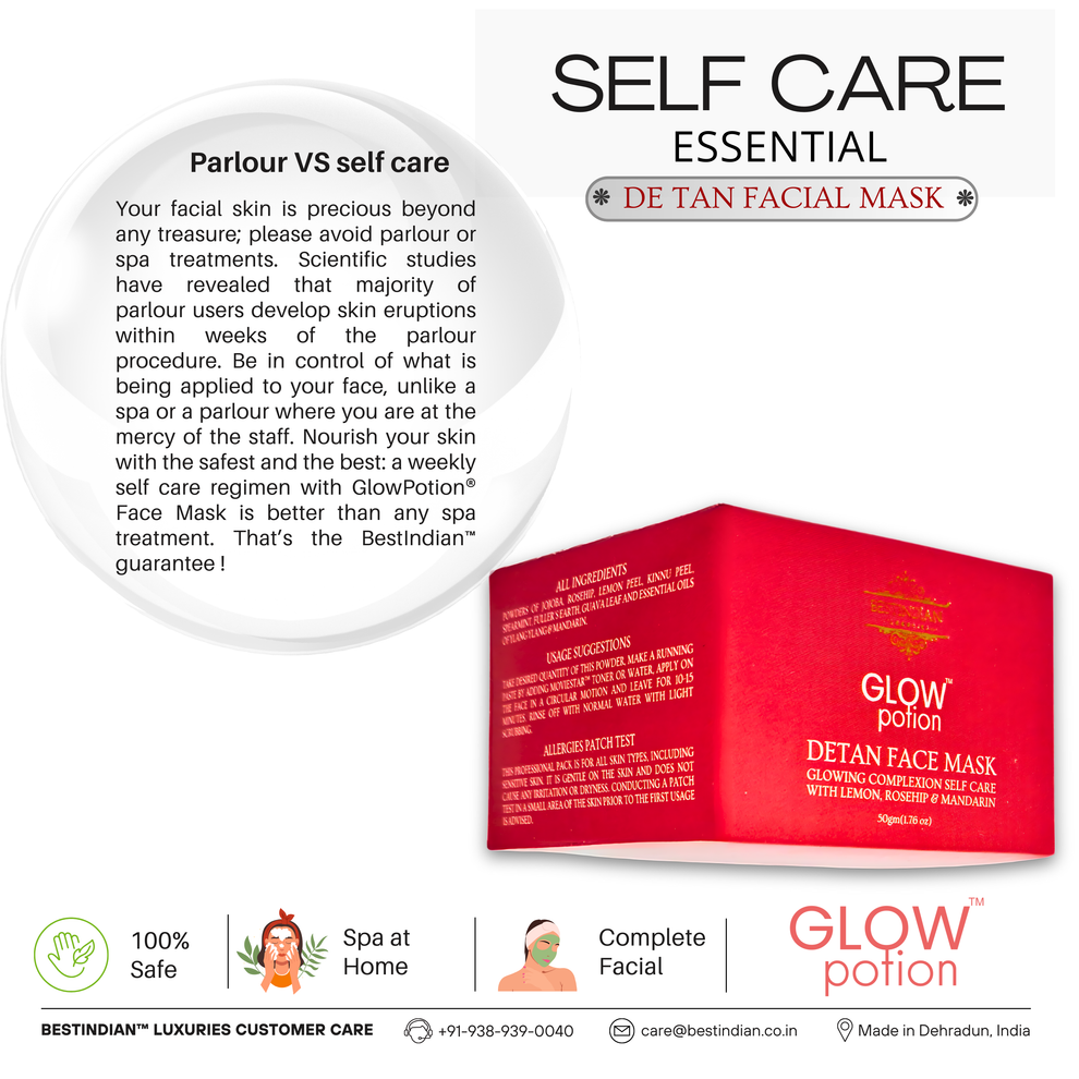 GlowPotion™ De-Tan Face Mask by BestIndian™, essential self-care product offering 100% safe at-home spa experience, better than parlour treatments for complete facial care and weekly rejuvenation.