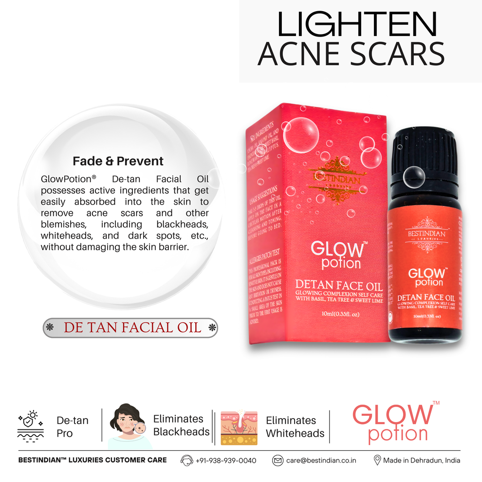 GlowPotion™ De-Tan Face Oil by BestIndian, shown with box and dropper bottle, is designed to lighten acne scars, fade blemishes, and clarify dark spots for visibly brighter, even skin tone with every use.