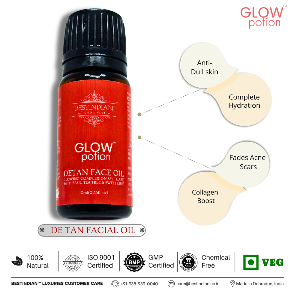 The glass bottle of GlowPotion™ De-Tan Face Oil by BestIndian, displaying multiple skin benefits including anti-dull skin treatment, complete hydration, acne scar fading, and collagen boost for naturally glowing, rejuvenated skin.