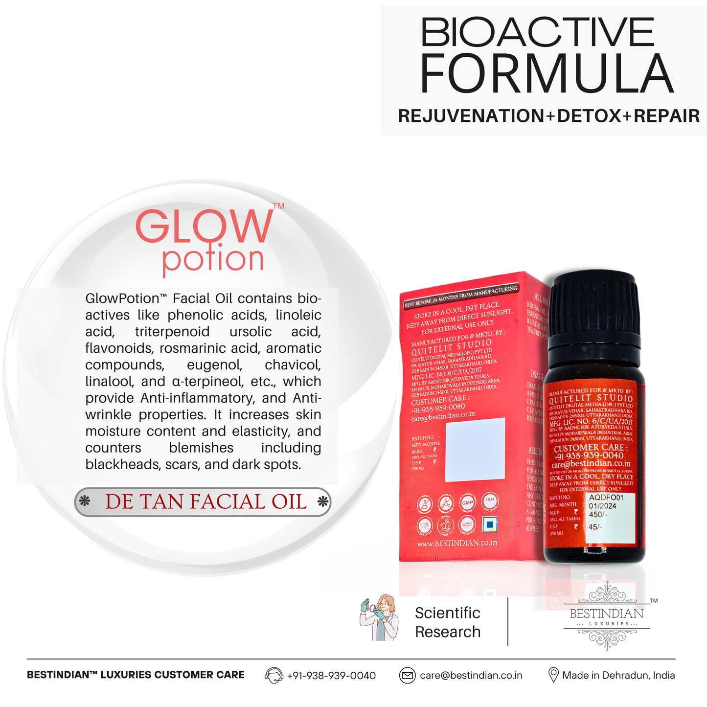 The bottle and packaging of GlowPotion™ De-Tan Face Oil by BestIndian, accompanied by ingredient details highlighting its bioactive, anti-inflammatory, and anti-wrinkle properties for nourishing and repairing the skin.