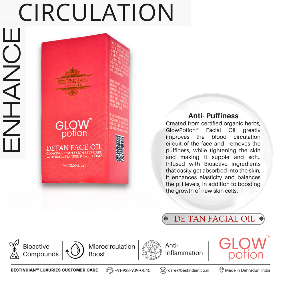 The packaging of GlowPotion™ De-Tan Face Oil by BestIndian, positioned upright and emphasizing its certified organic formula that boosts facial microcirculation and reduces puffiness for anti-inflammatory self-care.