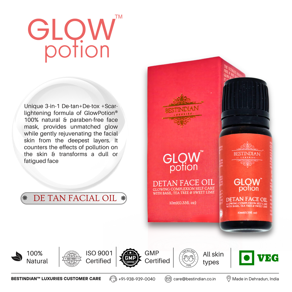The boxed bottle of GlowPotion™ De-Tan Face Oil by BestIndian, presented against a clean white background, highlighting its 100% natural, vegan, and paraben-free formulation for skin brightening and tan removal.