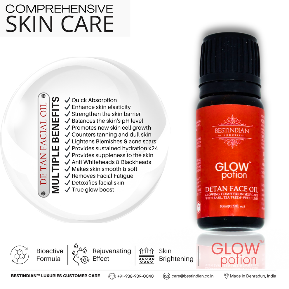 The glass bottle of GlowPotion™ De-Tan Face Oil by BestIndian, displayed with multi-benefits including quick absorption, hydration, elasticity boost, and enhanced skin brightness for glowing, even-toned skin.