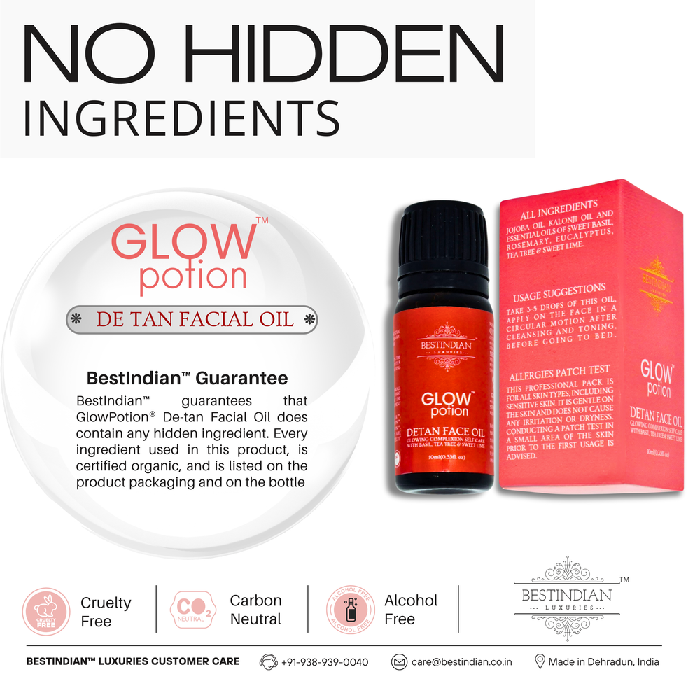 The packaging and bottle of GlowPotion™ De-Tan Face Oil by BestIndian, displaying its guarantee of no hidden ingredients with a full ingredient list for transparency and cruelty-free, carbon-neutral, and alcohol-free certifications.