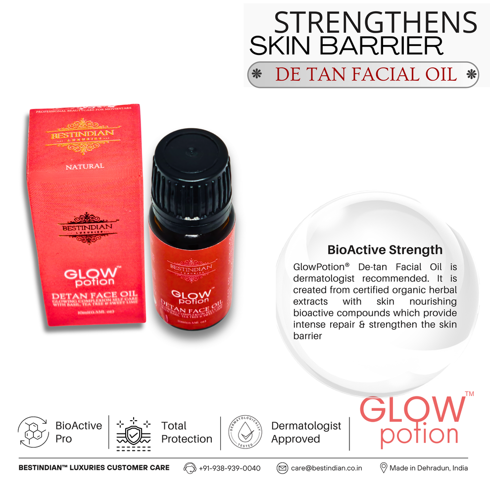 GlowPotion™ De-Tan Face Oil by BestIndian shown with packaging, highlighting its bioactive herbal extracts that repair and strengthen the skin barrier for total protection, recommended by dermatologists.