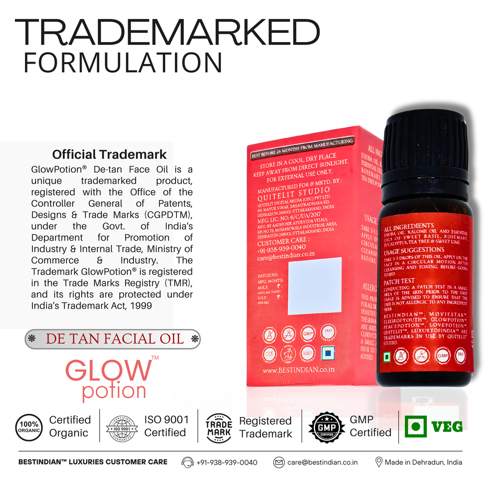 A bottle and box of GlowPotion™ De-Tan Face Oil by BestIndian, displayed together to underscore its official trademark status, ISO and GMP certification, and the organic, vegetarian ingredients in this patented face oil.