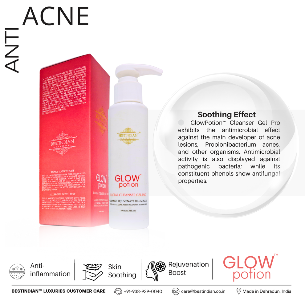 GlowPotion™ Facial Cleanser Gel Pro by BestIndian™, a natural anti-acne cleanser with antimicrobial and antifungal properties, ideal for preventing skin breakouts and soothing sensitive skin.