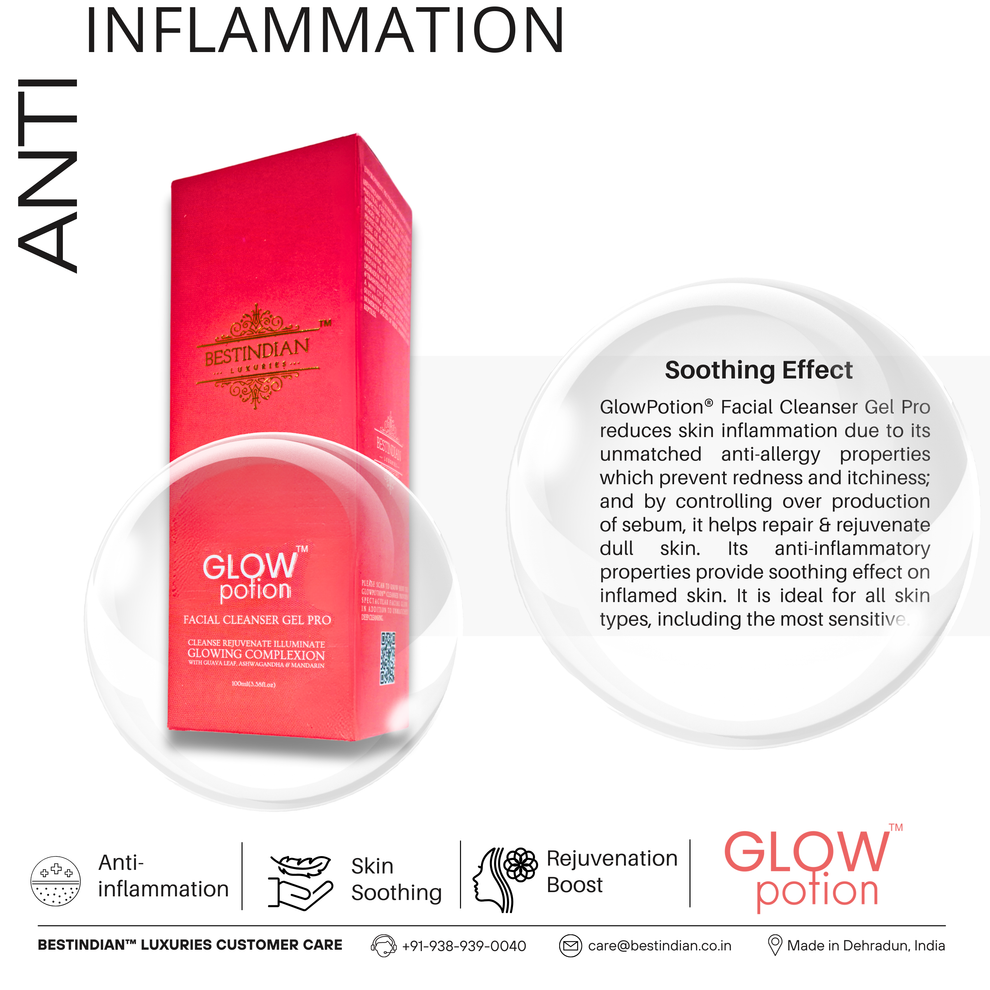 GlowPotion™ Facial Cleanser Gel Pro by BestIndian™, an anti-inflammatory cleanser with anti-allergy properties for soothing, rejuvenating, and repairing sensitive skin.