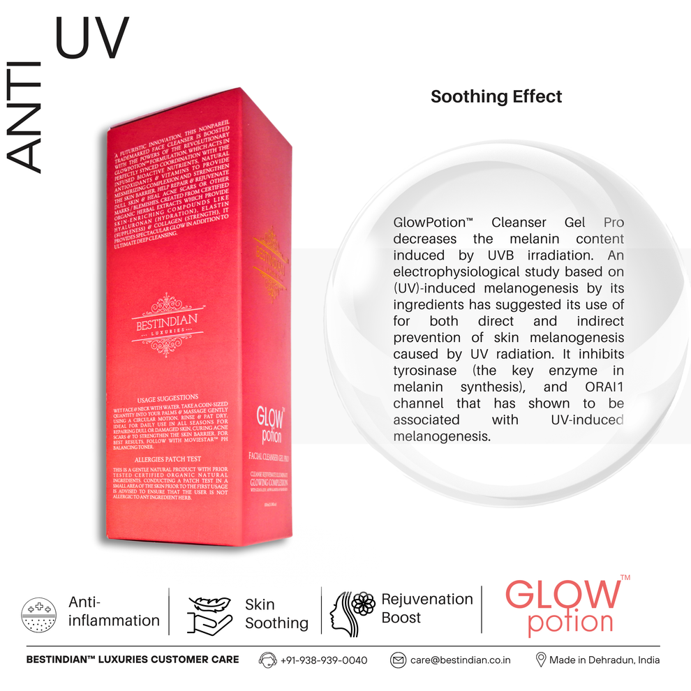 GlowPotion™ Facial Cleanser Gel Pro by BestIndian™, an ayurvedic face wash with anti-UV and skin soothing benefits, formulated to prevent UV-induced melanogenesis and promote rejuvenated, healthy skin.