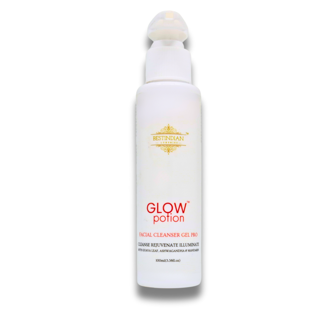 GlowPotion™ Facial Cleanser Gel Pro by BestIndian™, a natural ayurvedic face wash featuring guava leaf, ashwagandha, and mandarin for deep cleansing and radiant, glowing skin.