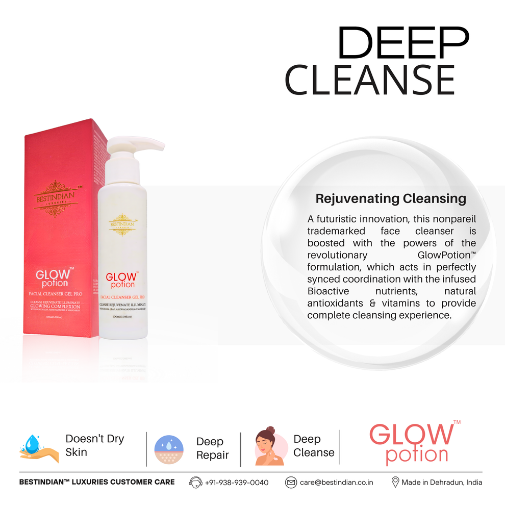 GlowPotion™ Facial Cleanser Gel Pro by BestIndian™, a rejuvenating daily use face wash that provides deep cleansing, bioactive nutrients, and antioxidant benefits for glowing skin.