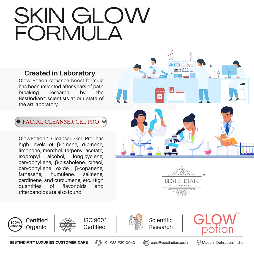 GlowPotion™ Facial Cleanser Gel Pro by BestIndian™, formulated in a state-of-the-art laboratory for advanced skin glow, featuring botanicals, flavonoids, and triterpenoids for luminous beauty.