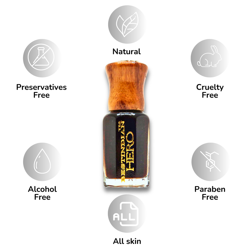 Bottle of best Indian attar (natural perfume) with symbols of its USP. Roll-on BestIndian™ Hero perfume oil: Alcohol-free perfume, paraben-free, cruelty-free for all skin types.