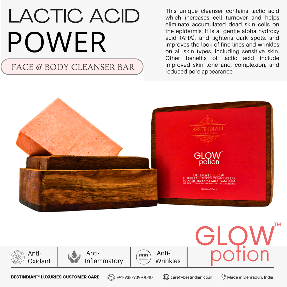Showcasing the Lactic Acid (AHA) power of Glow Potion soap for improving cell turnover and lightening dark spots for a more even skin tone.