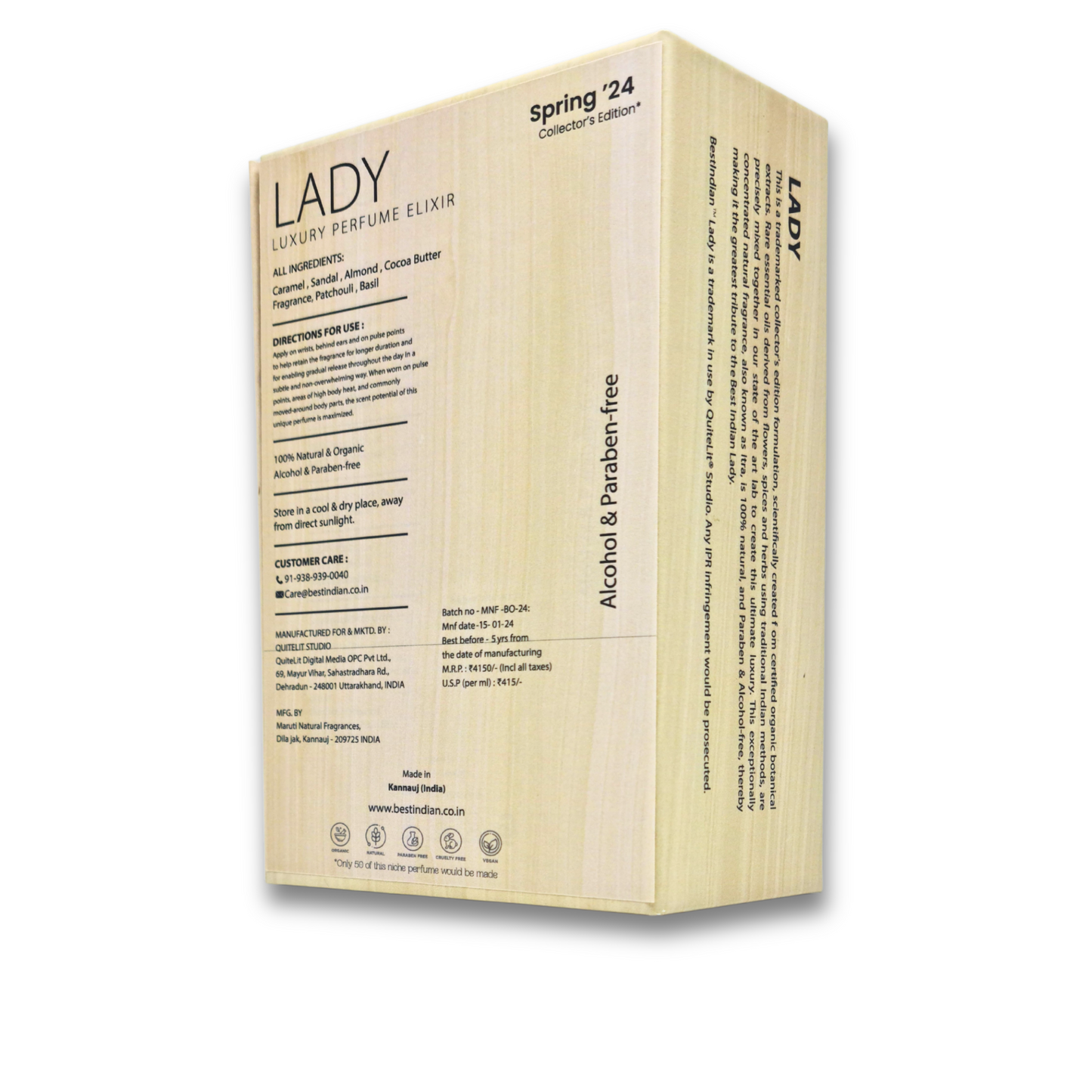 Elegant light wood-style presentation box for BestIndian™ Lady Elixir perfume oil. Women's Alcohol-free luxury perfume.