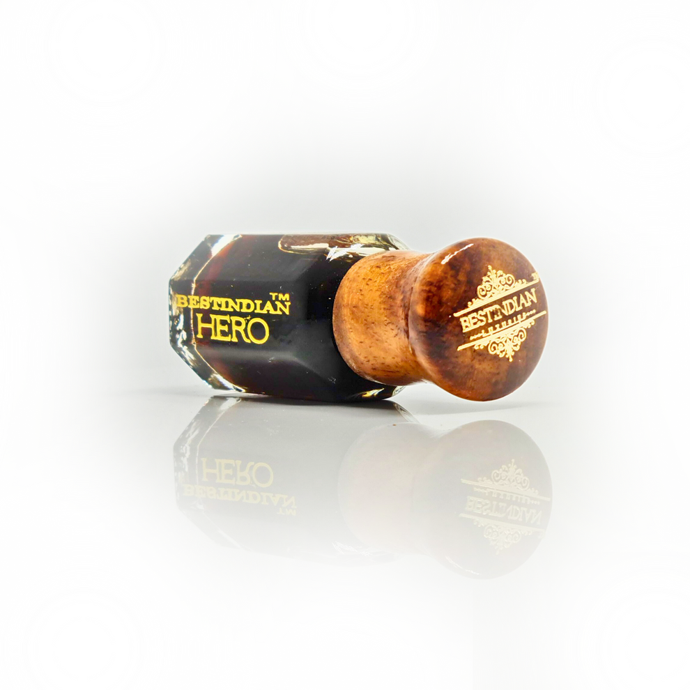 Long lasting attar Hero by BestIndian™ bottle (wooden cap) with Best Indian Perfumes logo.