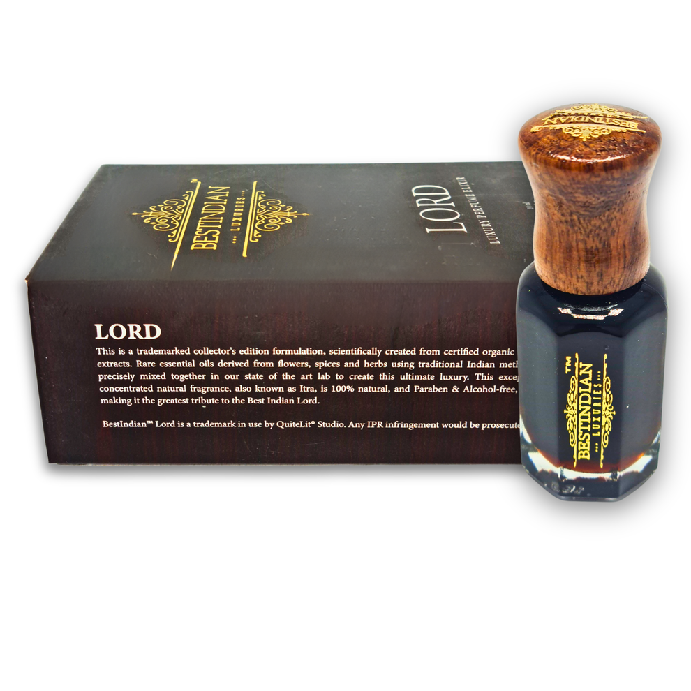Vial with (wooden cap) of Lord by BestIndian™: A Spicy Woody Perfume Elixir Attar, displayed with its outer box.