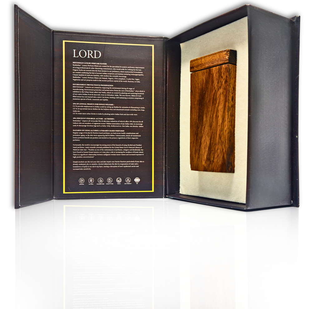 Handcrafted wooden case of Lord by BestIndian™ Perfume Elixir elegantly nested in its outer box on a cream support base showcasing the spicy woody perfume attar.