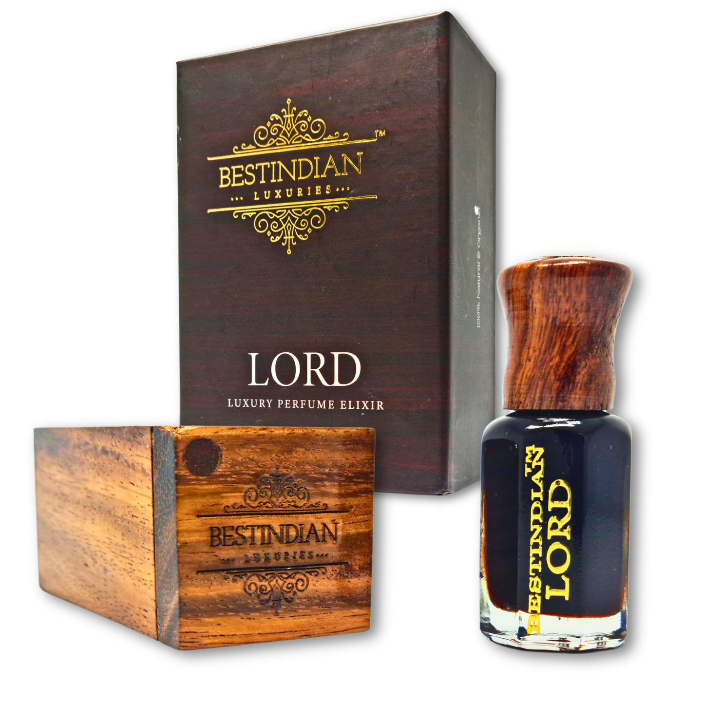 Full presentation of BestIndian™ Lord: masculine perfume oil vial, engraved wooden case, and themed outer packaging.