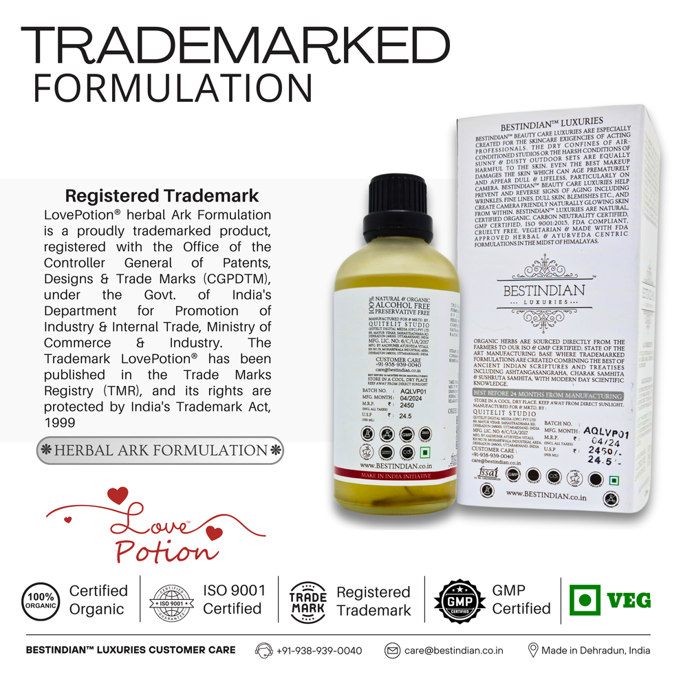 LovePotion™ Ayurvedic saffron infusion, a trademarked herbal formulation certified for quality and organic purity.