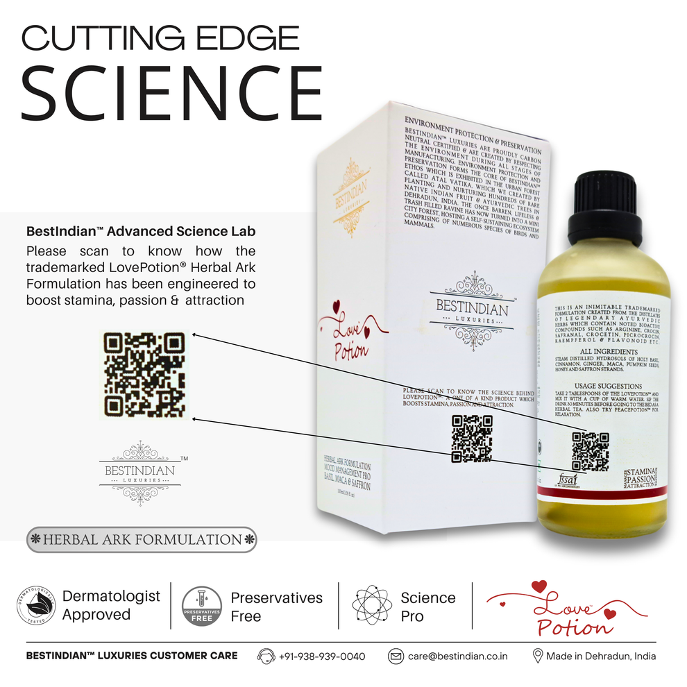 LovePotion™ Ayurvedic tea infusion, a science-based herbal drink formulated to support stamina, passion, and attraction.