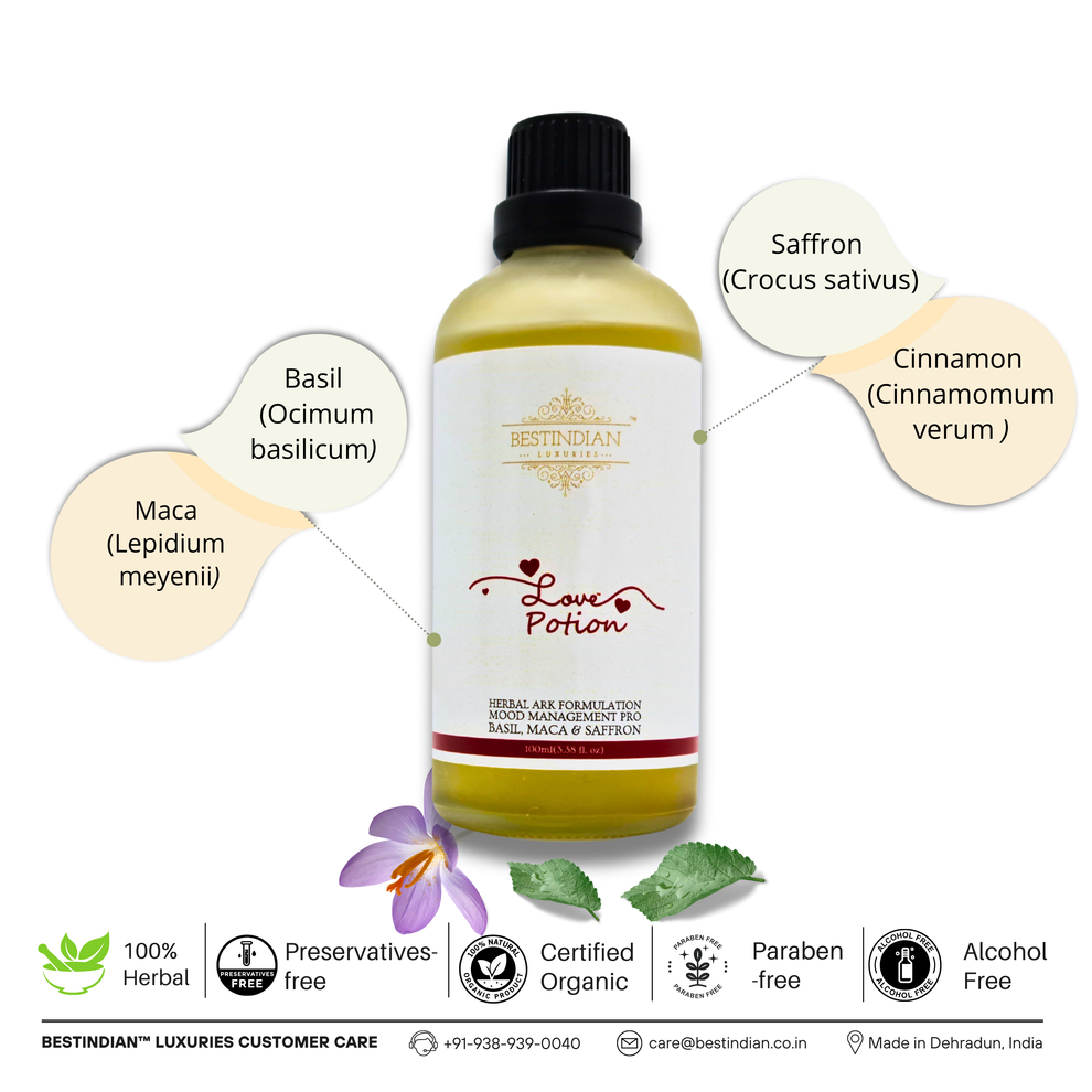 LovePotion™ herbal drink for mood, featuring basil, maca, saffron, and cinnamon for botanical energy and balance.