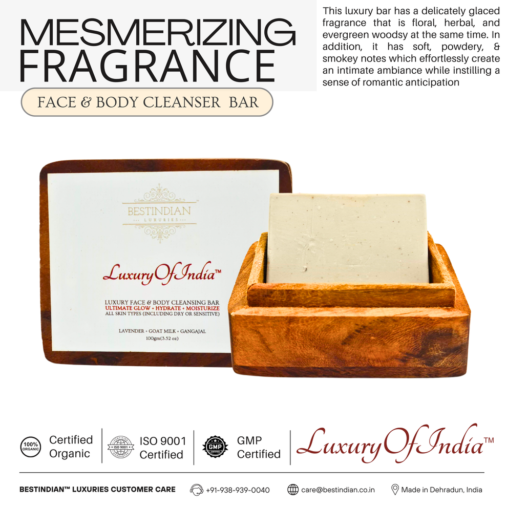 Infographic about the mesmerizing and calming fragrance of the Luxury of India luxury bath soap, with its floral and herbal notes of Lavender.