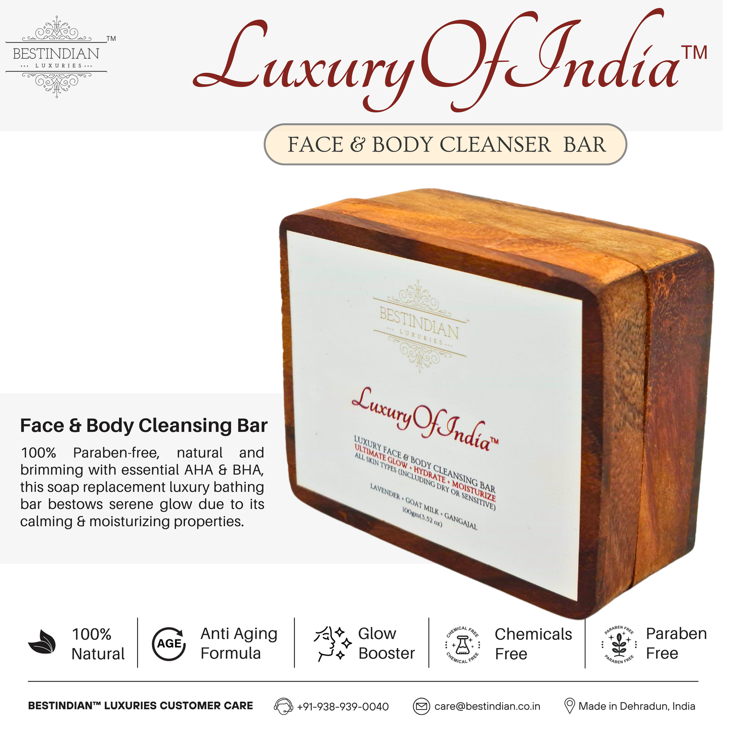 The Luxury of India natural and paraben-free soap, highlighting its benefits including a gentle anti-aging formula and glow-boosting properties.